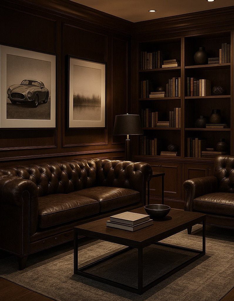 Brown tufted leather Chesterfield sofa in a dark wood-paneled home office with bookshelves.