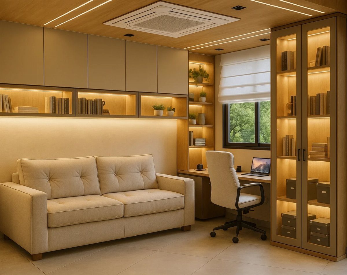 Beige sofa and wooden desk with integrated shelving in a modern home office.