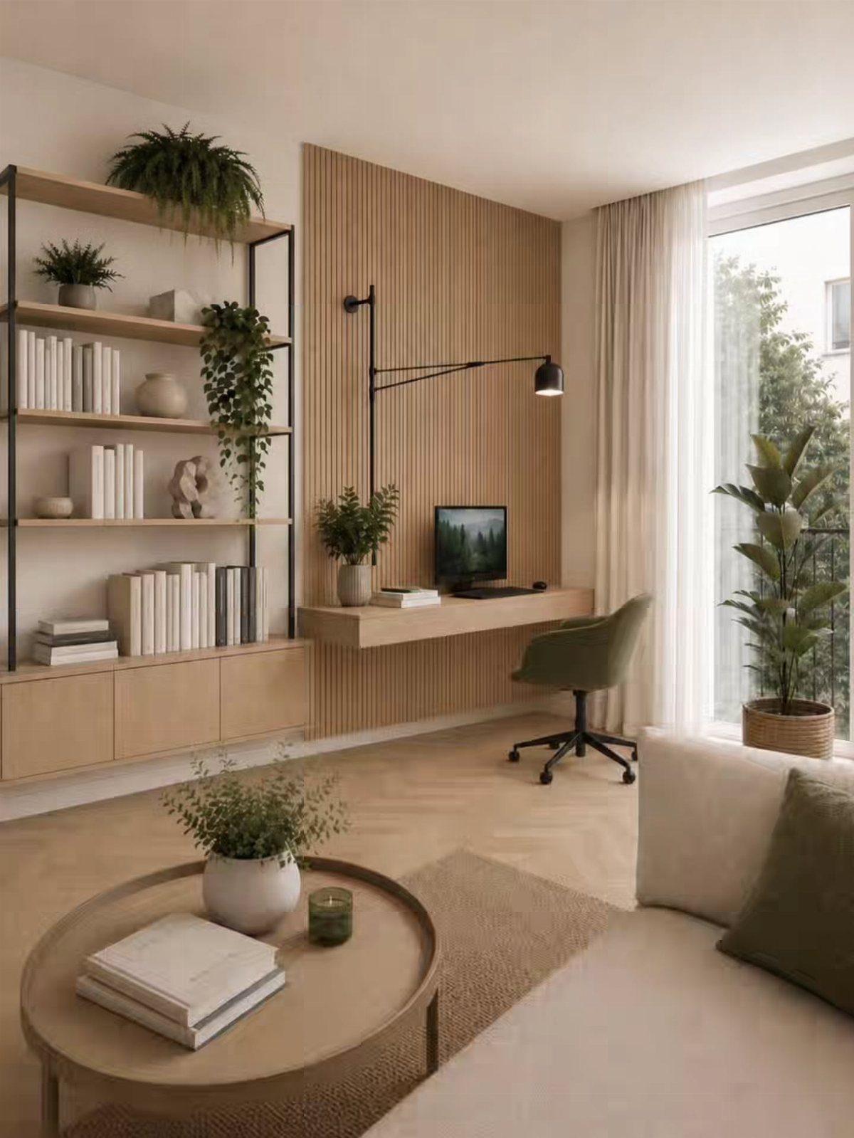 Floating wooden desk and white sofa in a bright, modern home office setting