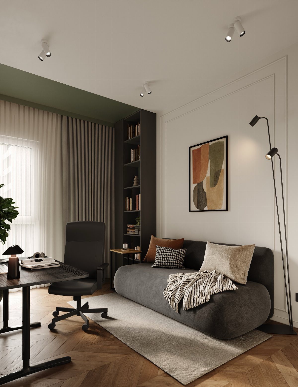 Modern home office with a black desk, grey sofa, and minimalist decor.