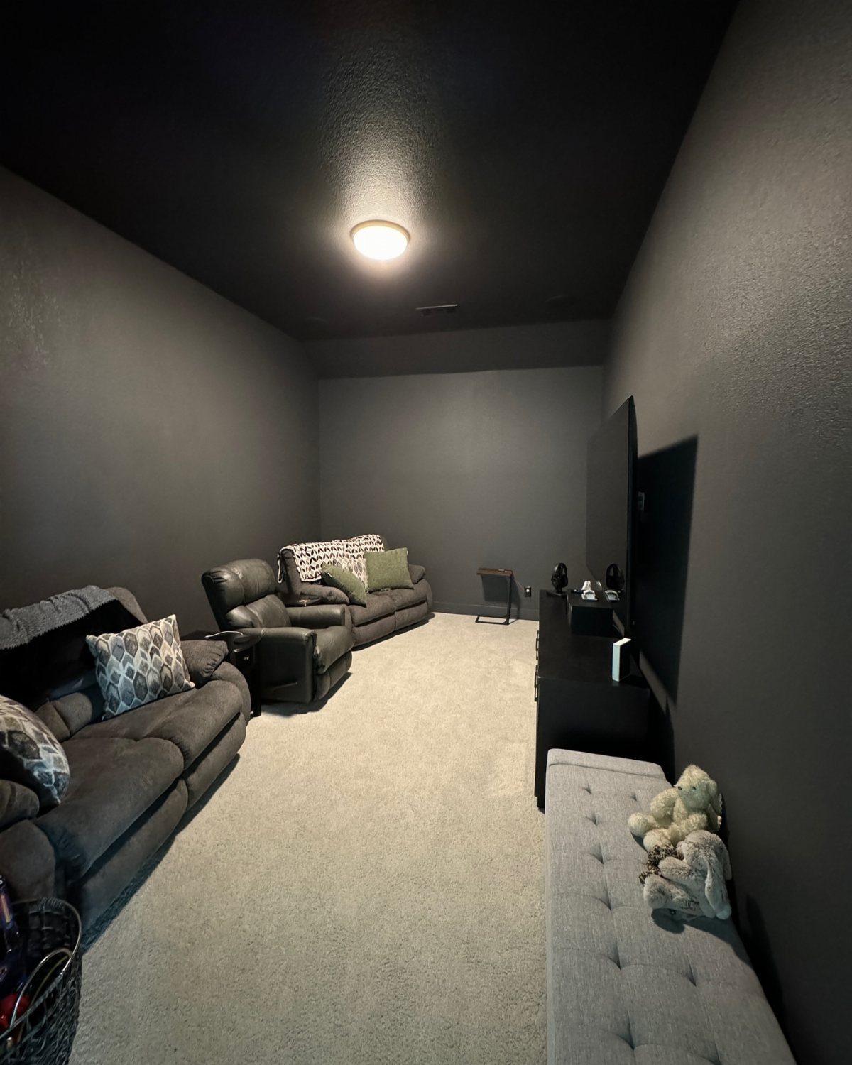 Dark grey walls and black ceiling in a basement home theater room.