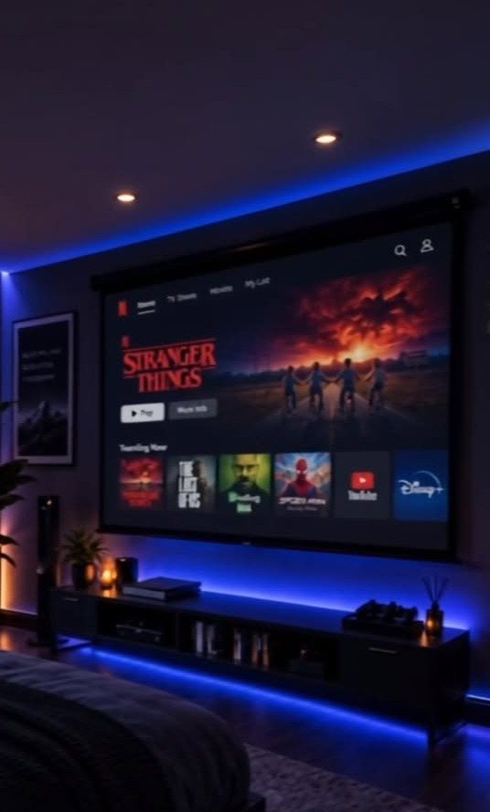 Projector screen with streaming menu and blue LED lighting in dark room