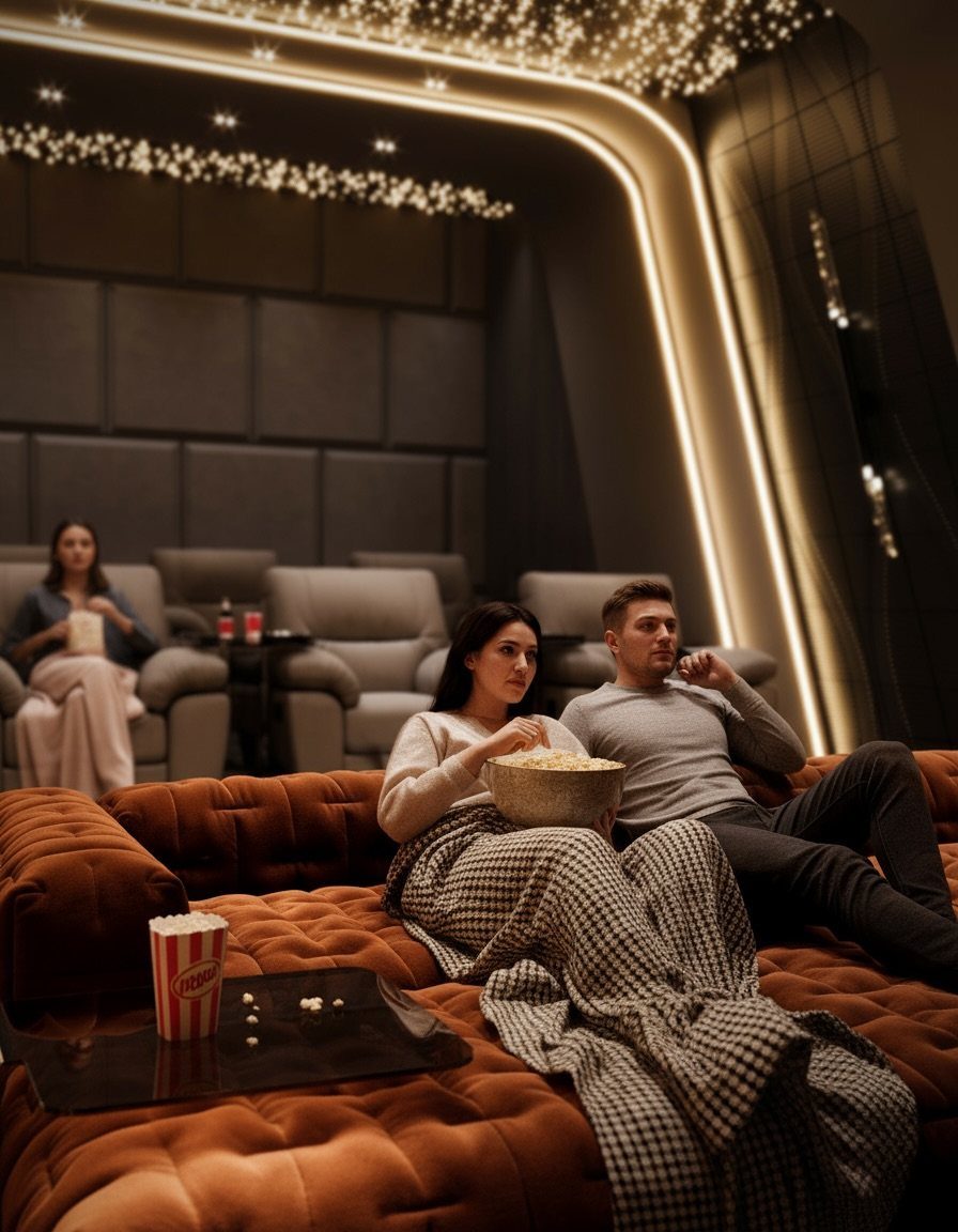 Modern home theater room with brown tufted seating and starry ceiling lighting.