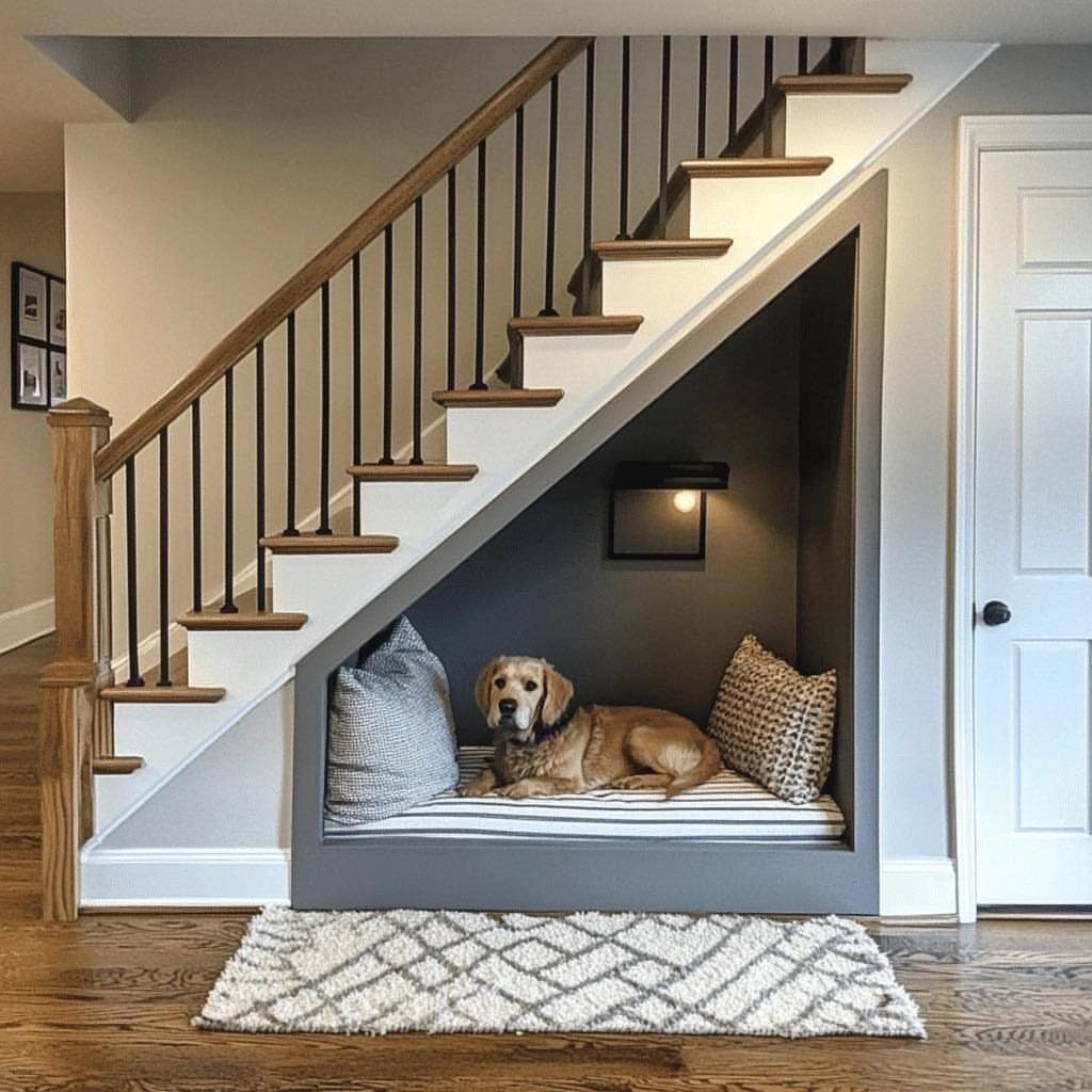 Golden retriever resting in a cozy built-in dog nook under a basement staircase.