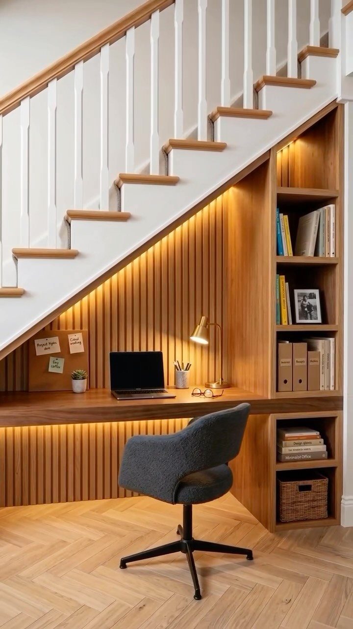 Compact home office with wooden desk and bookshelves built under a white staircase.