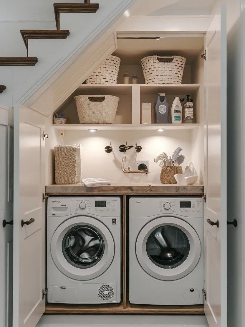 Laundry area under stairs with white washing machines and built-in storage shelves.