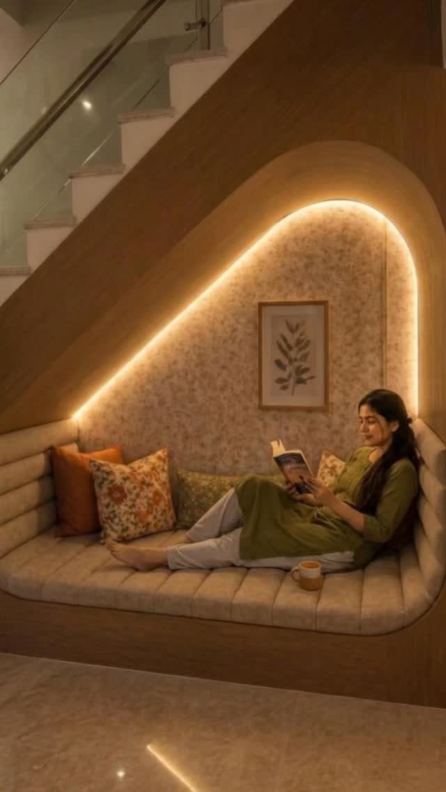 Woman reading a book in a cozy, illuminated built-in nook under a staircase.