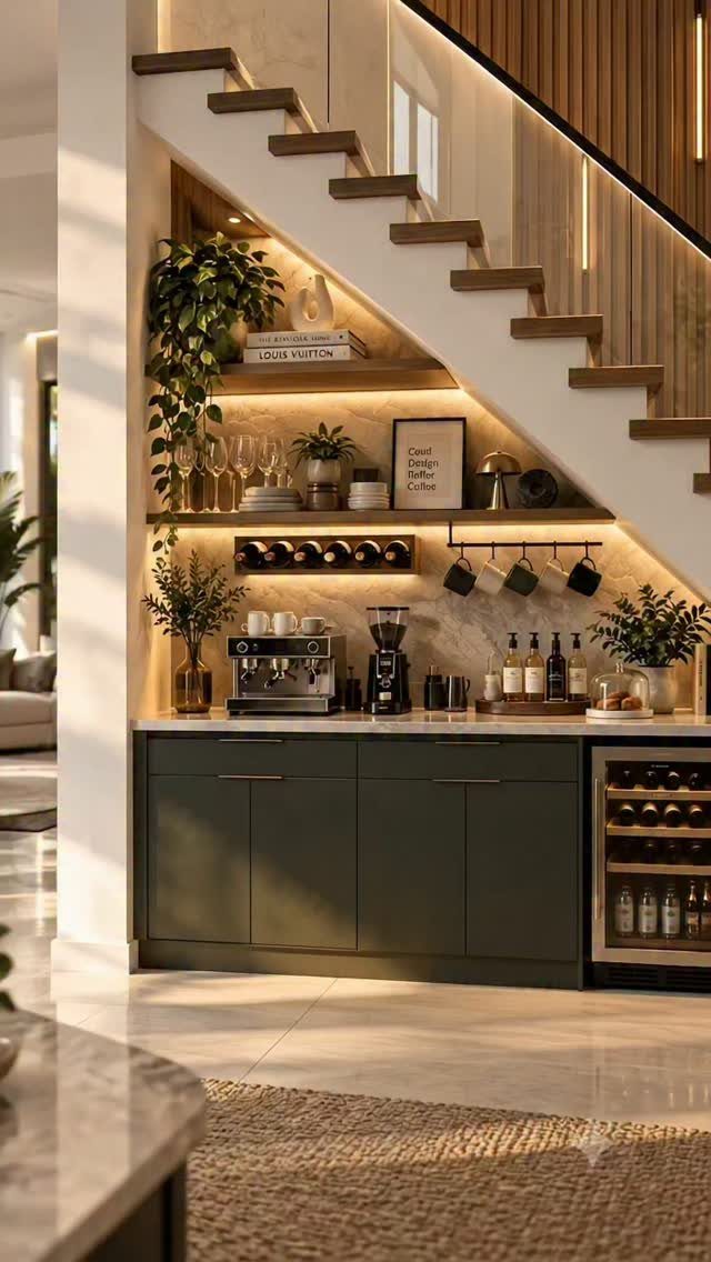 Wet bar with green cabinets and coffee station built under a wooden staircase.