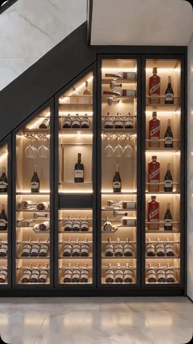 Black built-in wine cabinets with glass doors under a staircase with interior lighting.