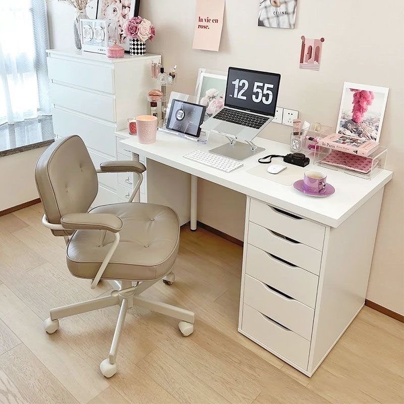 White desk with a white Alex drawer unit for side storage and beige chair.