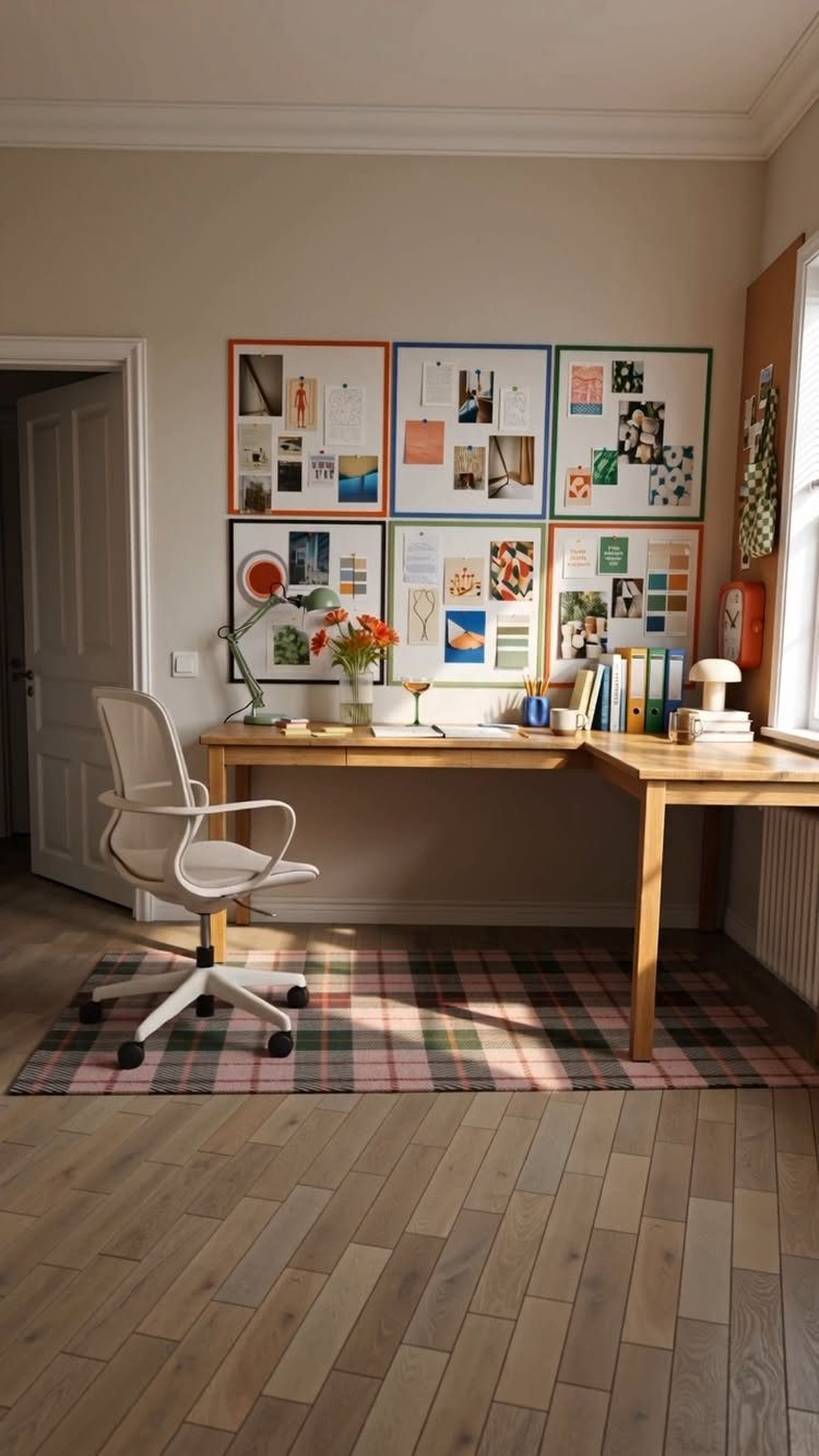 L-shaped wooden desk with mood boards on the wall and a white ergonomic chair.