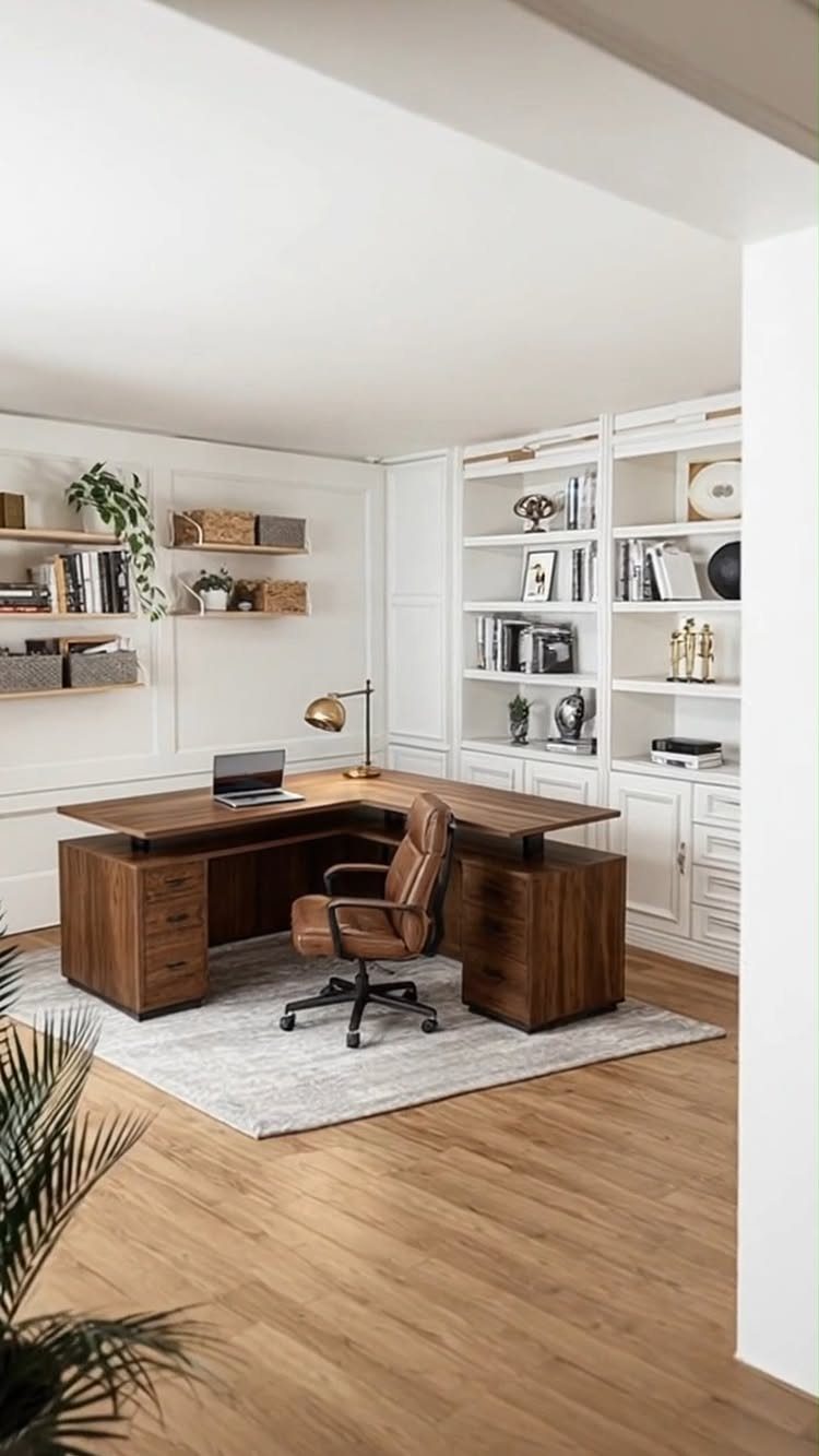 L-shaped wooden desk with under-desk drawers and white wall-mounted shelves in bright office
