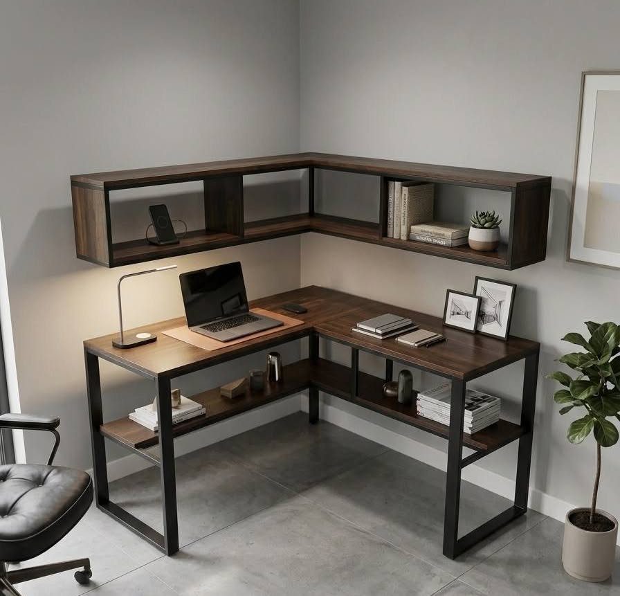 L-shaped wooden desk with a laptop, desk lamp, and matching wall shelves.