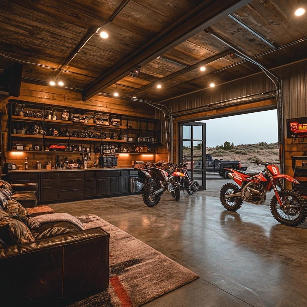 Industrial garage bar with dark wood paneling, leather sofa, and dirt bikes.