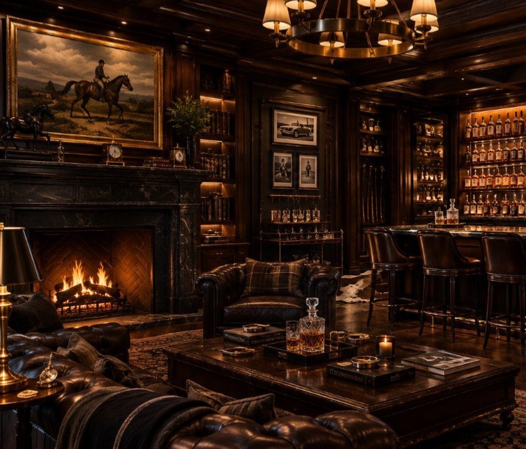 Luxurious dark wood paneled lounge with fireplace, leather seating, and built-in home bar.