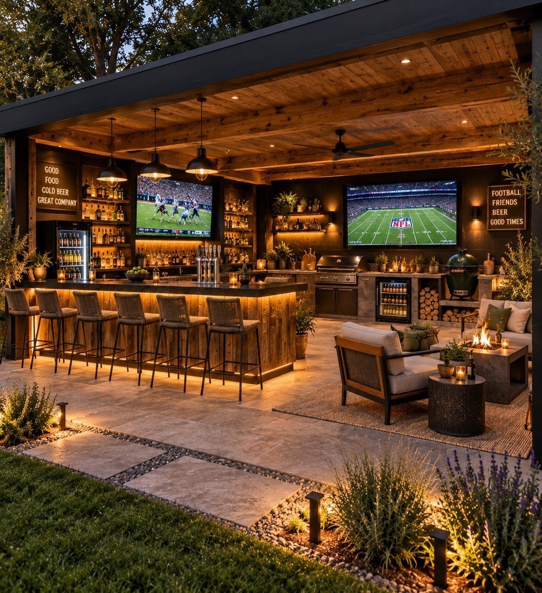 Outdoor sports bar with wooden ceiling, multiple TVs, bar stools, and lounge seating.