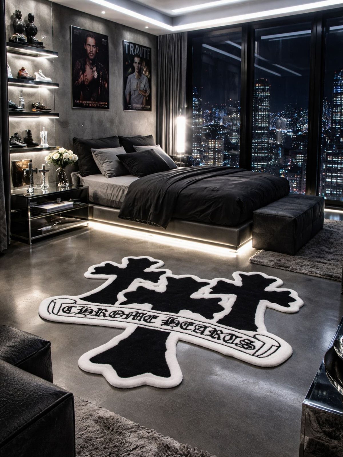 Black and white Chrome Hearts shaped area rug on a polished concrete bedroom floor
