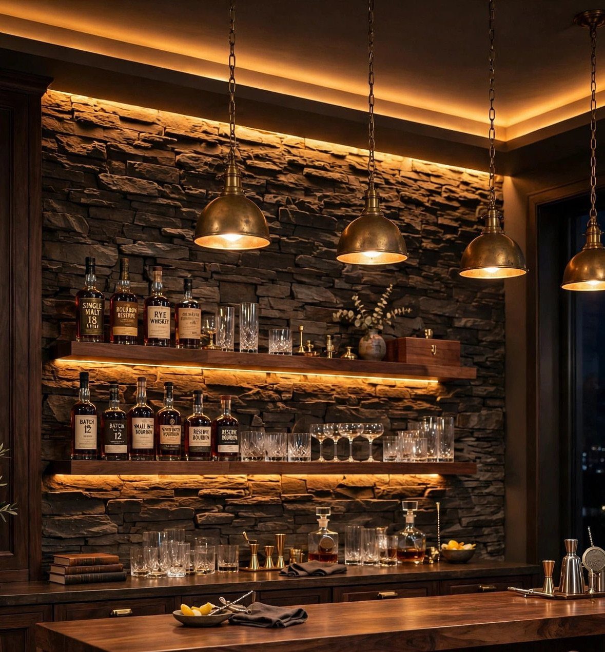 Home bar area with liquor bottles on lit shelves against a stone wall.
