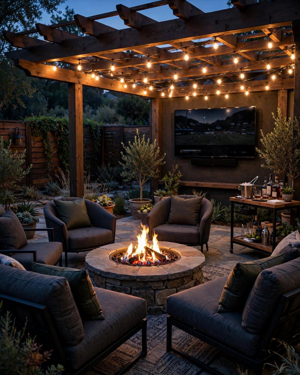 Outdoor patio with a stone fire pit, grey armchairs, and a pergola with lights.