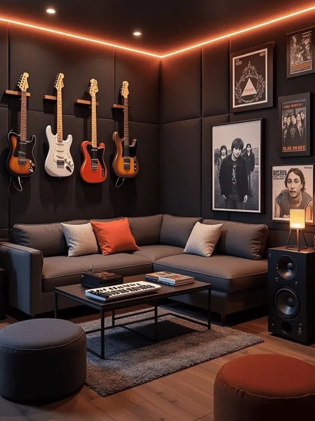 Dark music room with black soundproofing wall panels, electric guitars, and a grey sofa.