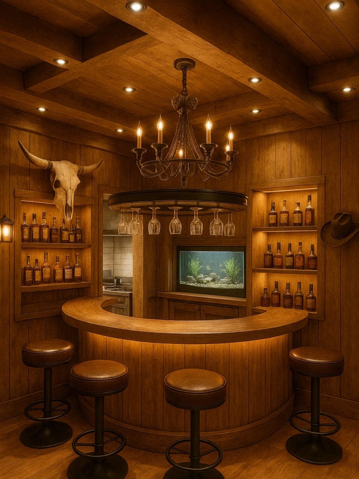 Four brown leather bar stools lined up at a curved wooden home bar.