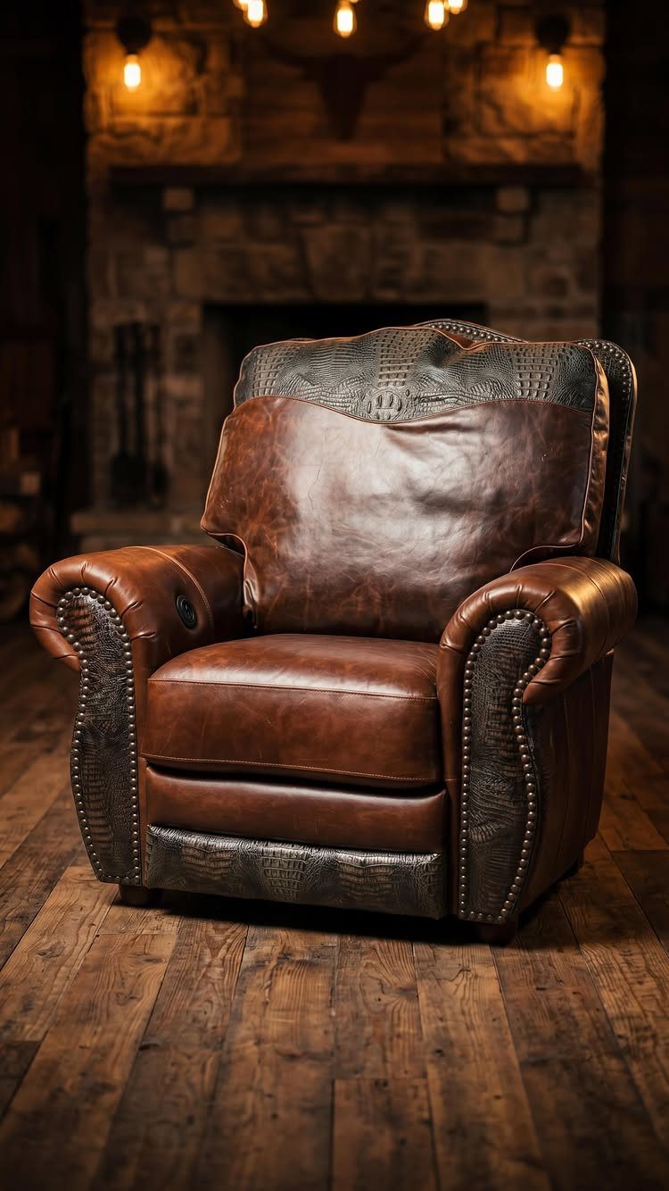 Brown leather recliner chair with nailhead trim in a rustic room with stone fireplace.
