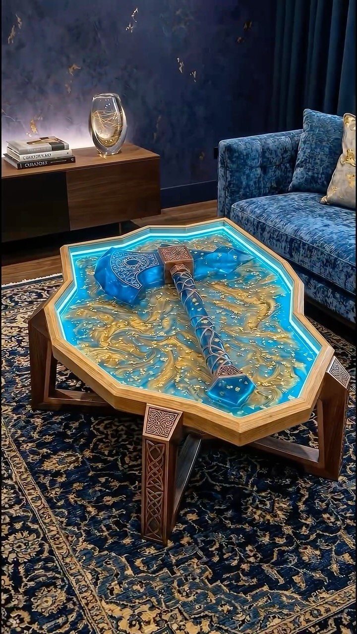Octagonal resin coffee table with a blue axe embedded in gold swirls.