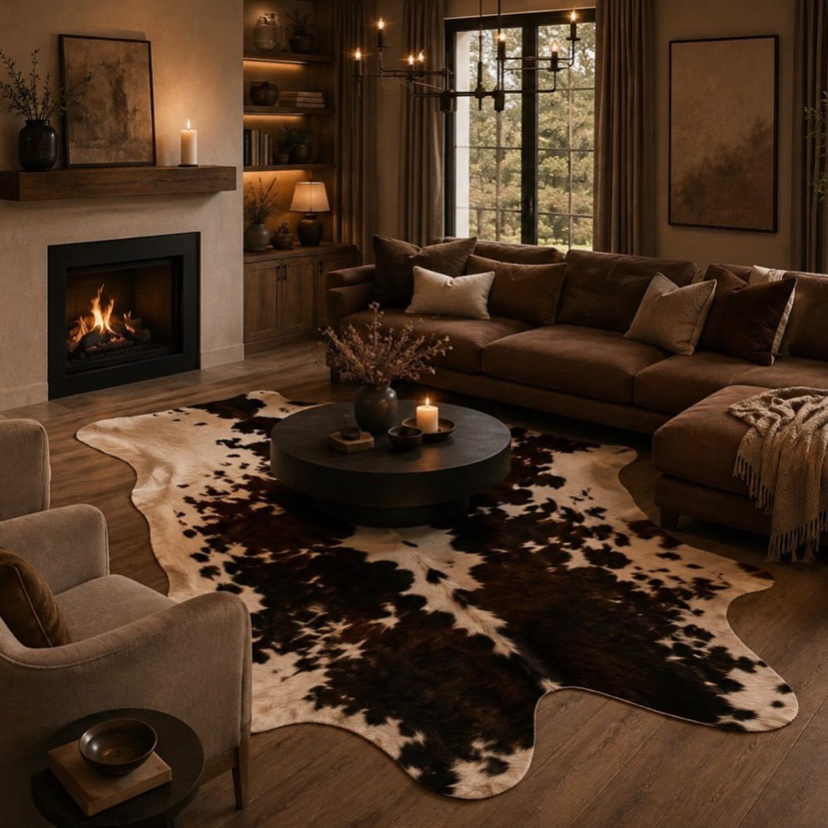 Brown and white faux cowhide rug in a cozy living room with leather sofa.