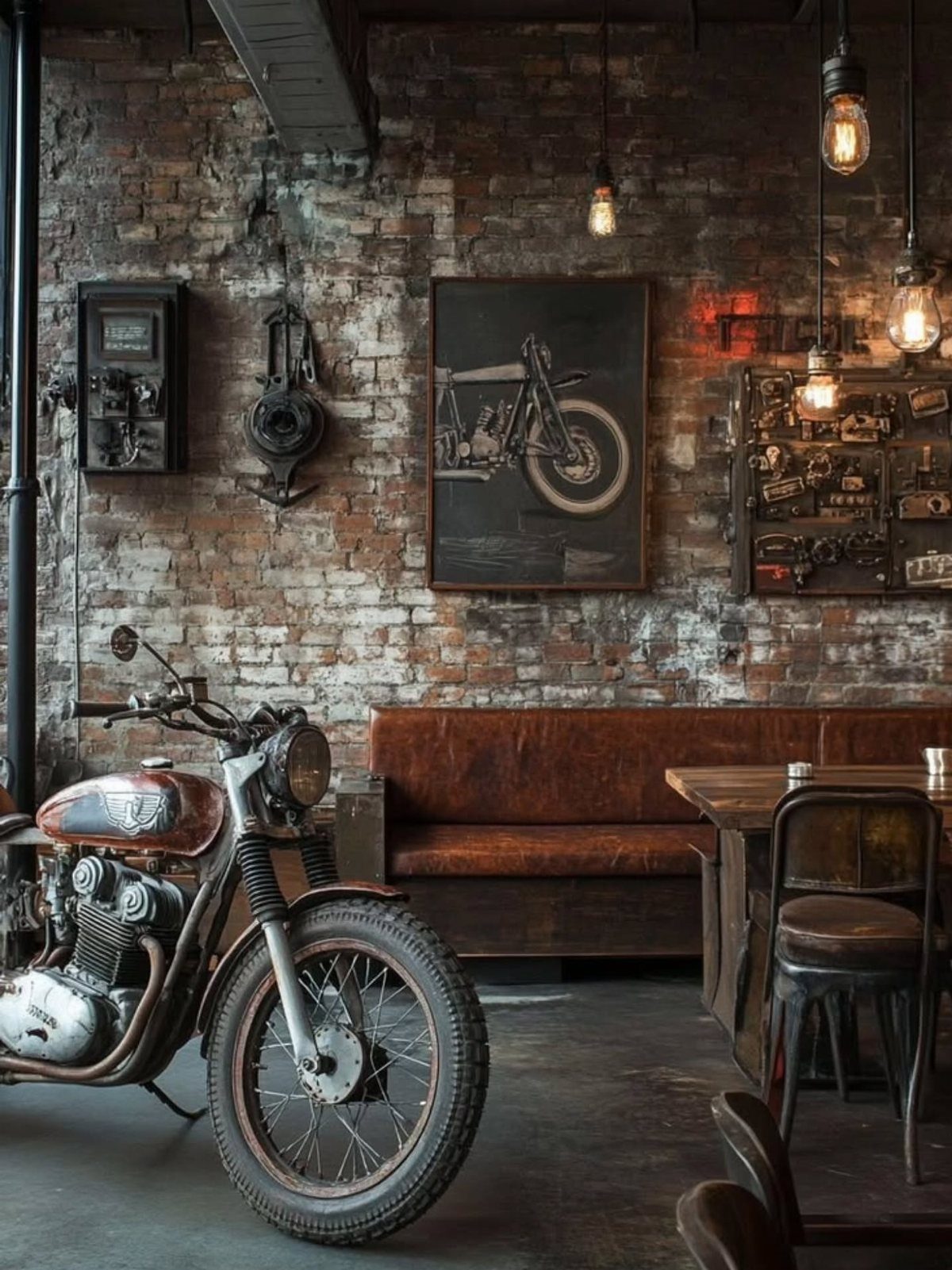 Vintage motorcycle and leather sofa in industrial room with motorcycle wall art.