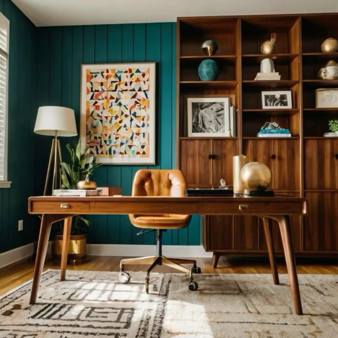 Mid century modern office with wooden desk, tan leather chair, and teal walls.