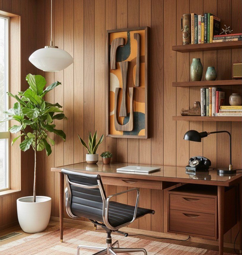 Mid century modern office with wood paneling, leather chair, and floating bookshelves.