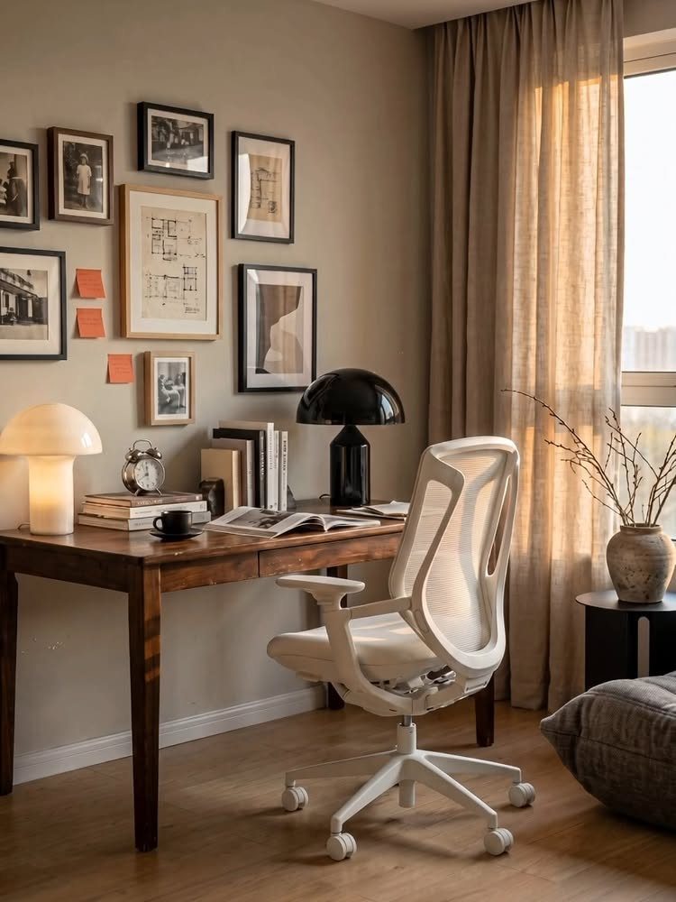 Gallery wall with framed art above a wooden desk in a modern office.