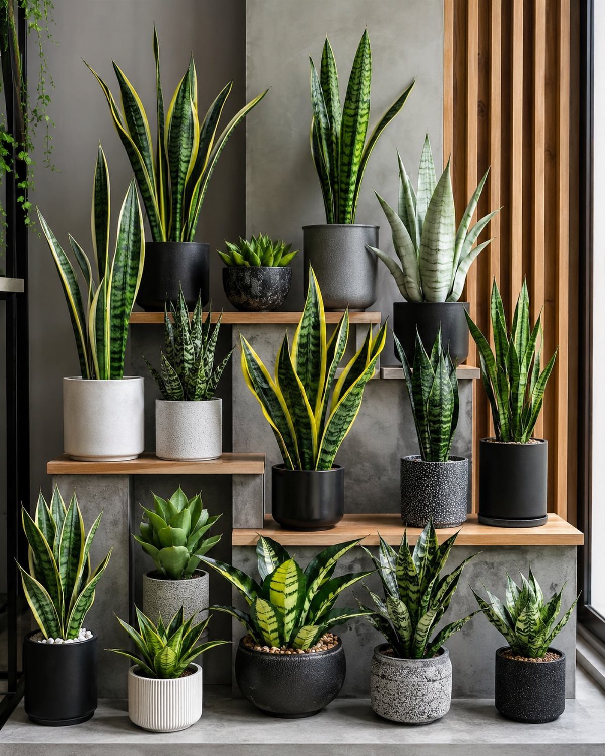 Snake plants in various stylish ceramic pots arranged on tiered wooden shelves.