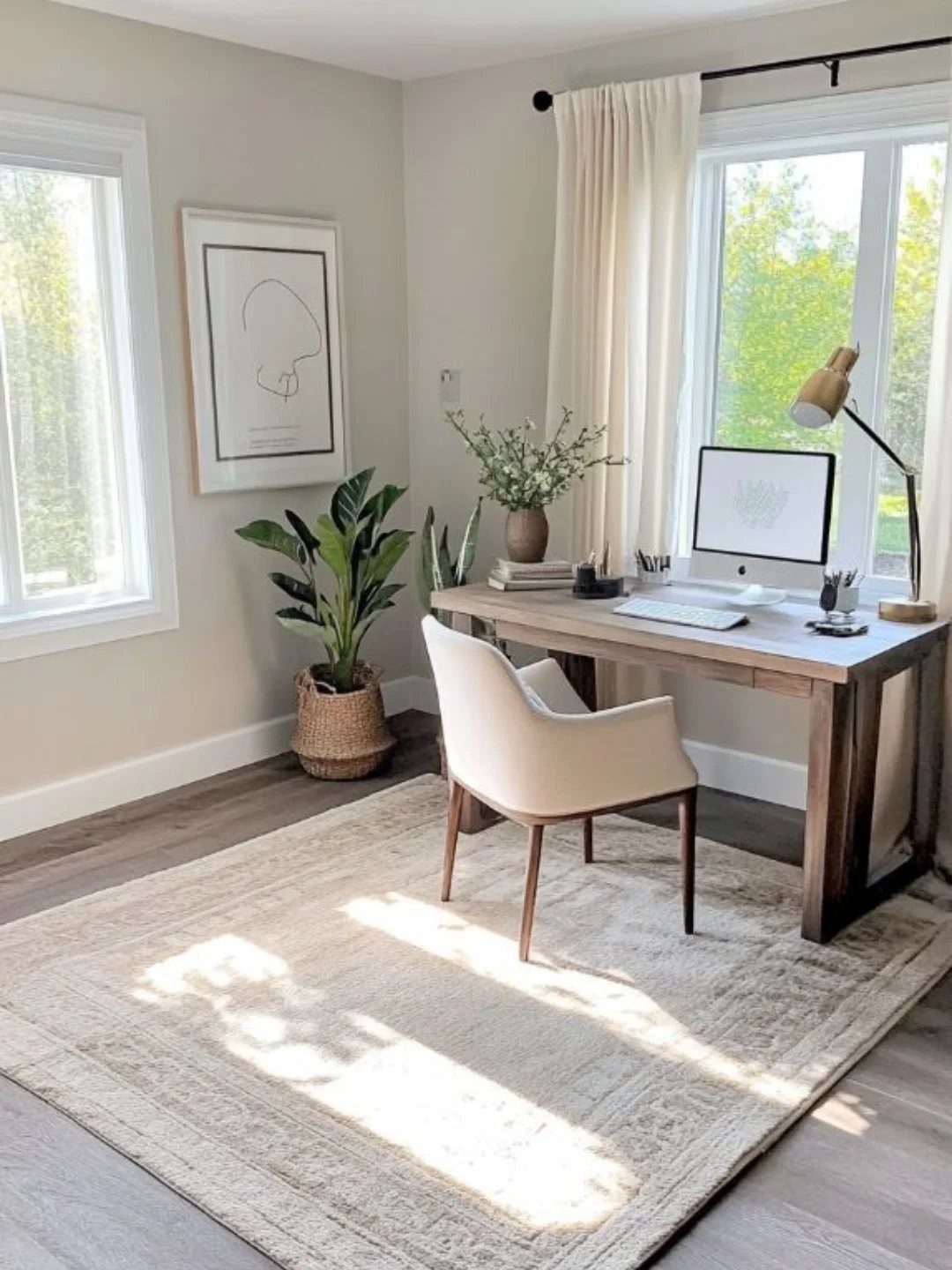Light-colored textured rug under a wooden desk and white chair in a bright office.