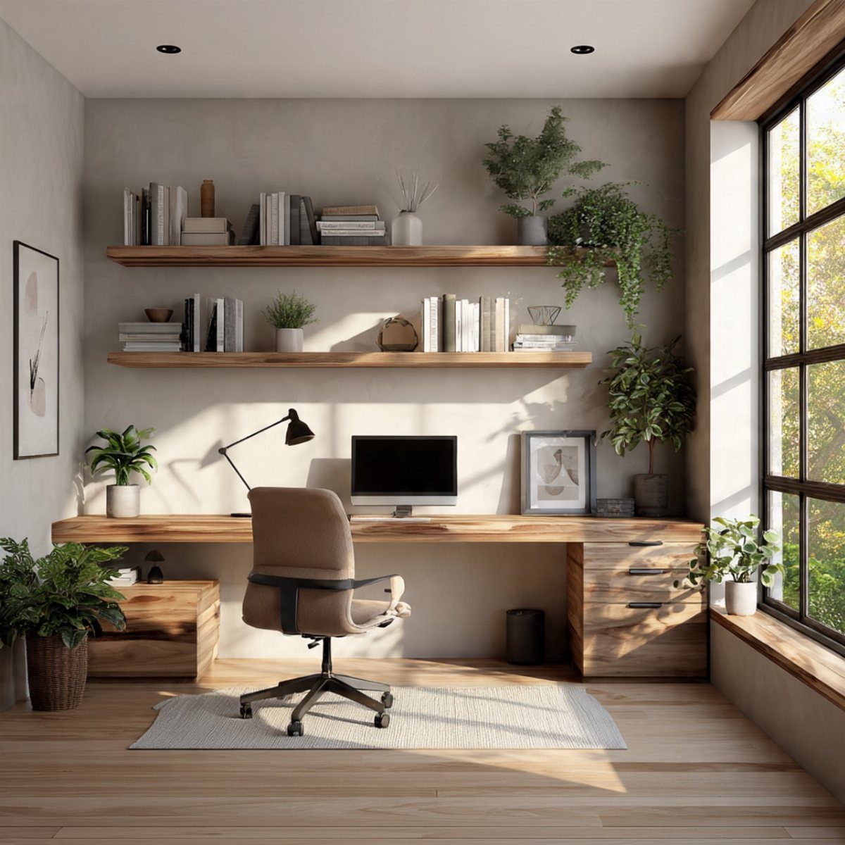 Wooden desk placed next to a large window in a bright modern office.