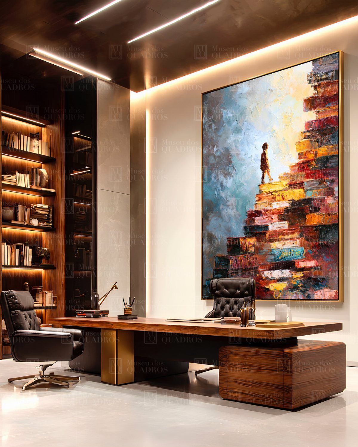 Large colorful abstract painting hanging on a wall in a modern home office.