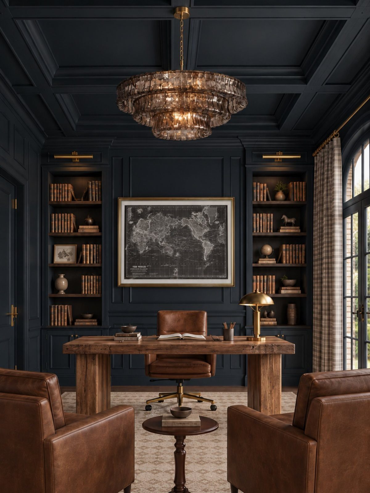 Luxurious home office with navy blue walls, wooden desk, and leather furniture.