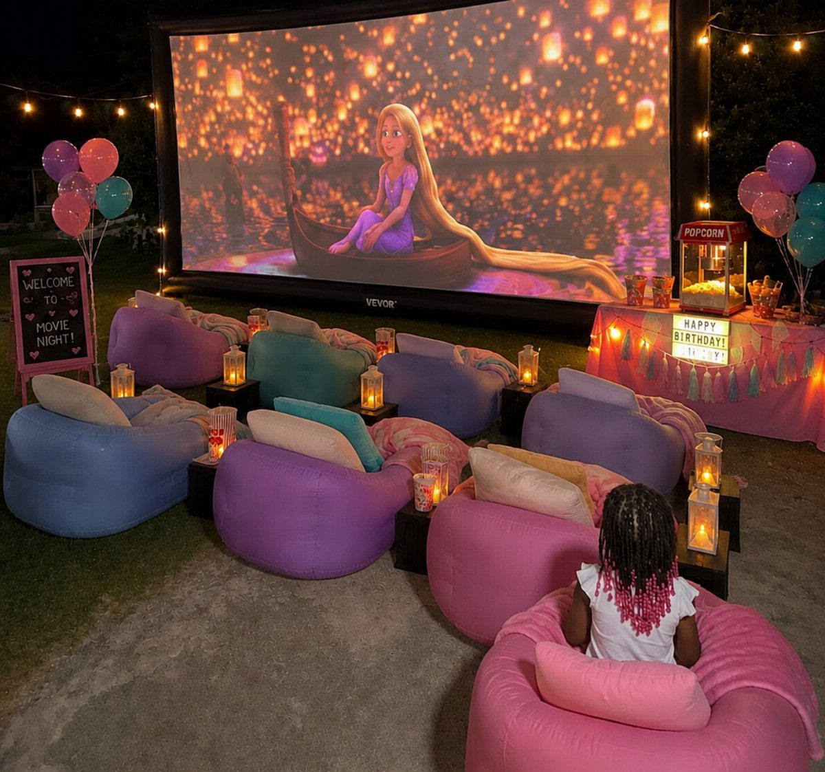 Outdoor movie setup with a large screen, colorful bean bags, and lanterns at night.