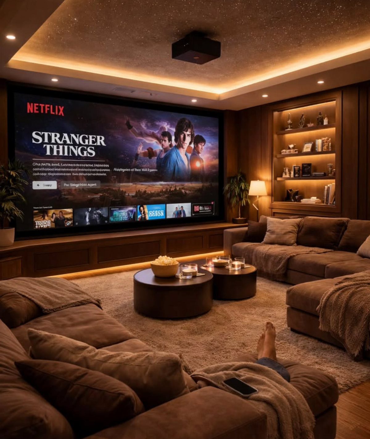 Home cinema room with a large projector screen, plush brown sofas, and starry ceiling.