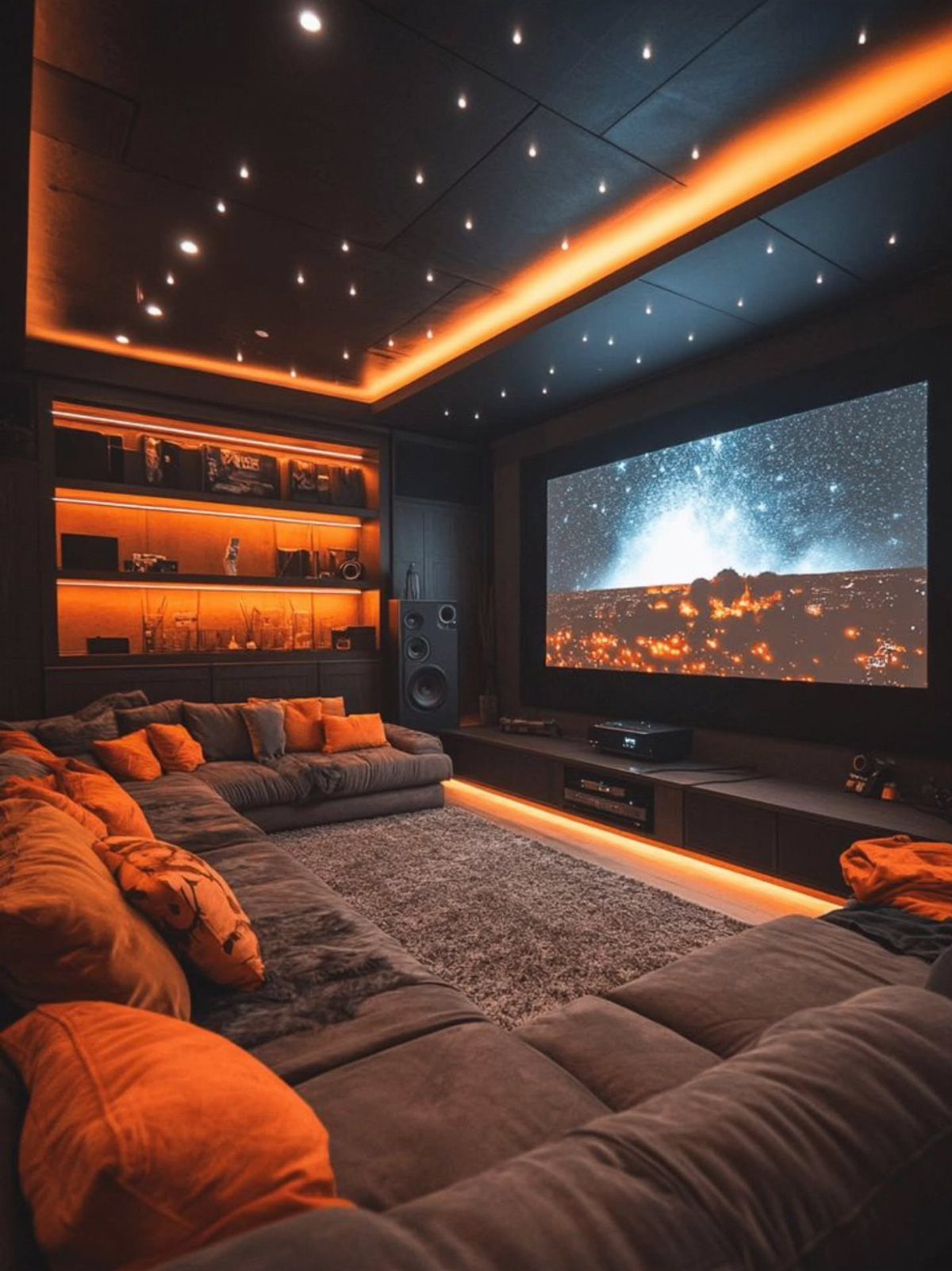 Dark home cinema with orange ambient lighting, plush grey sofas, and star ceiling.