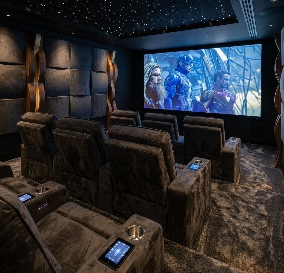Luxury home cinema with plush brown reclining seats and a starry ceiling.