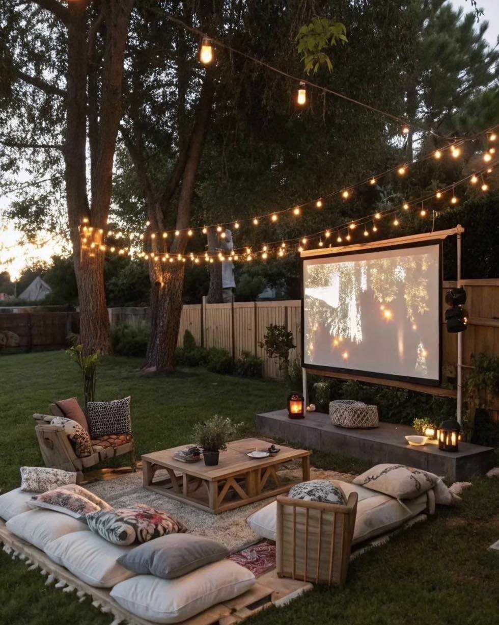 Outdoor cinema setup with projector screen, string lights, and cozy floor seating.