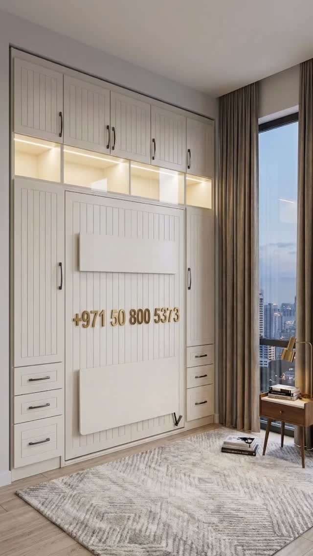 Light wood Murphy bed wall unit with built-in storage cabinets and drawers.