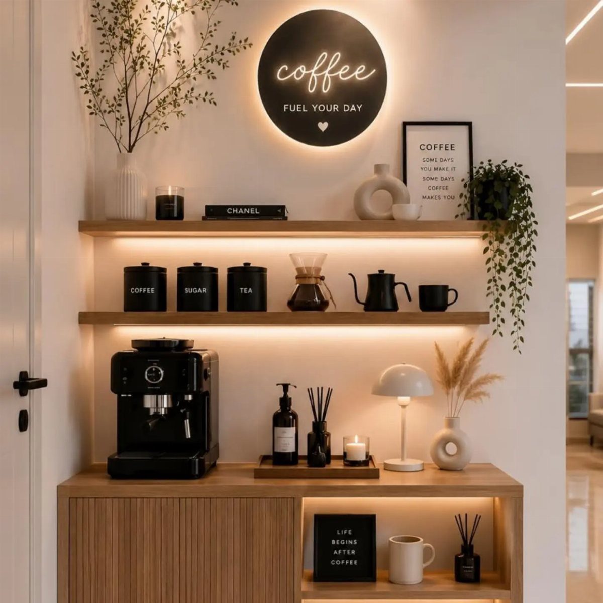 Modern coffee station with espresso machine, black canisters, and backlit wooden shelving.