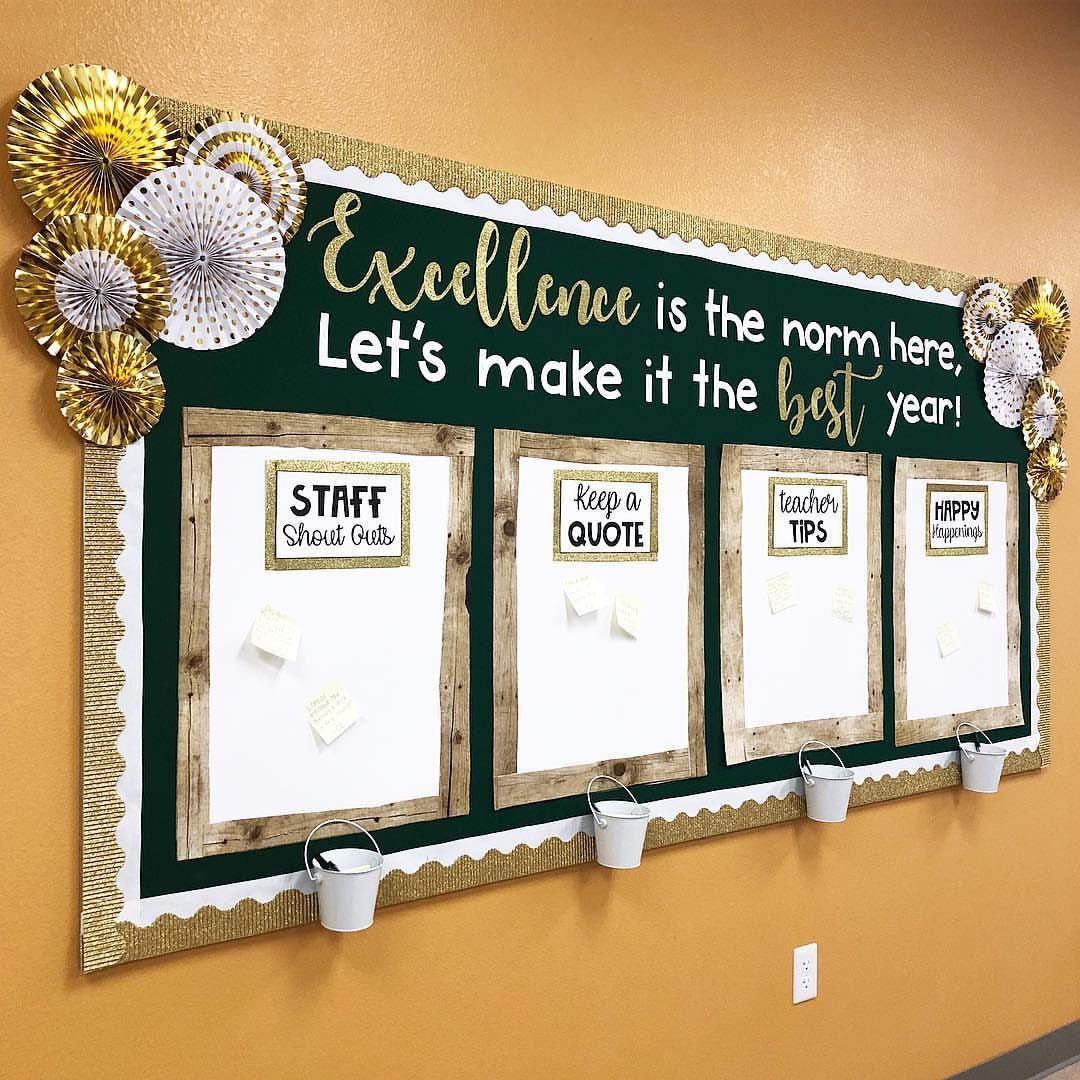 Green bulletin board with motivational gold text and framed sections on orange wall