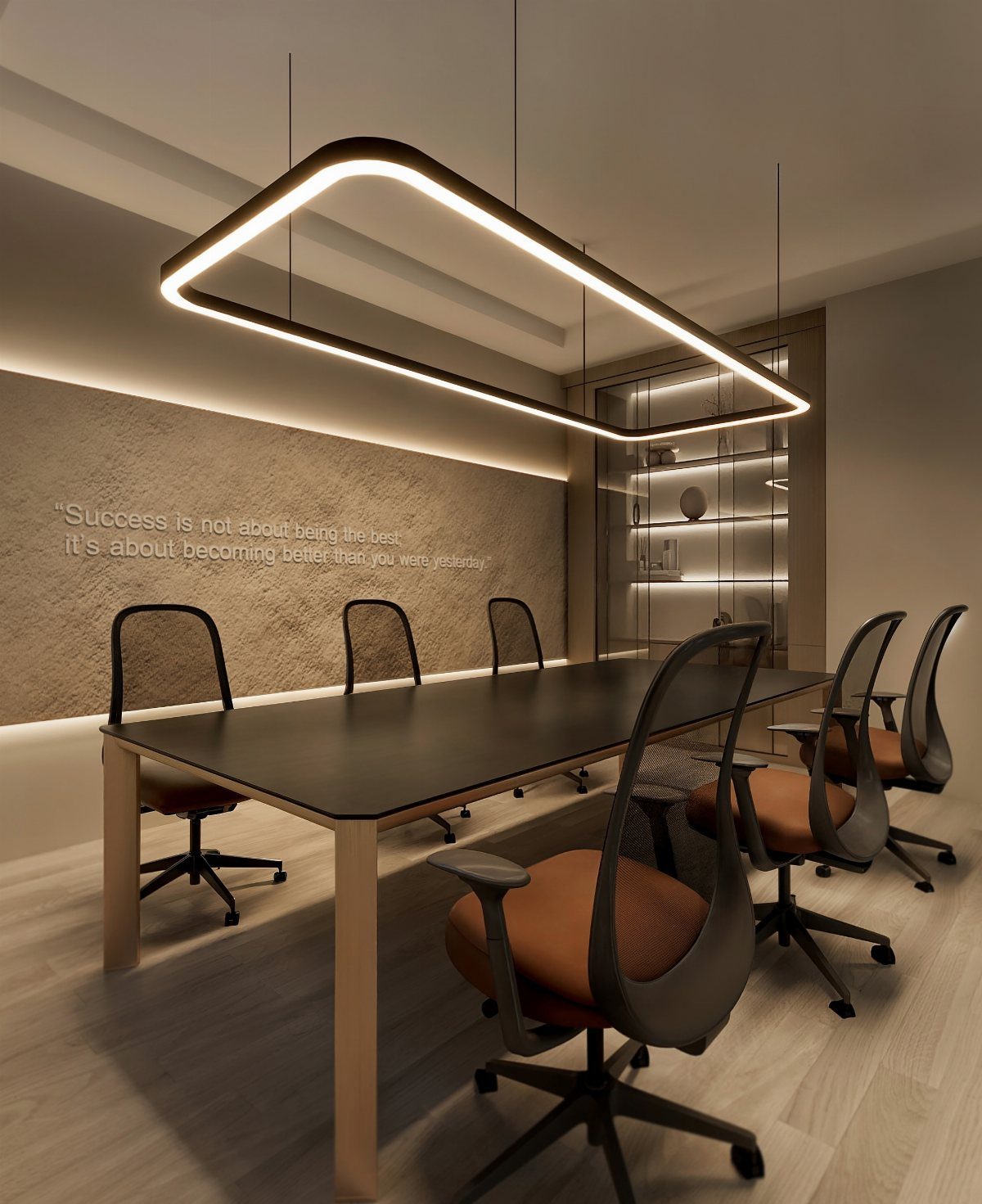 Modern meeting room with a long black table and ergonomic brown office chairs.