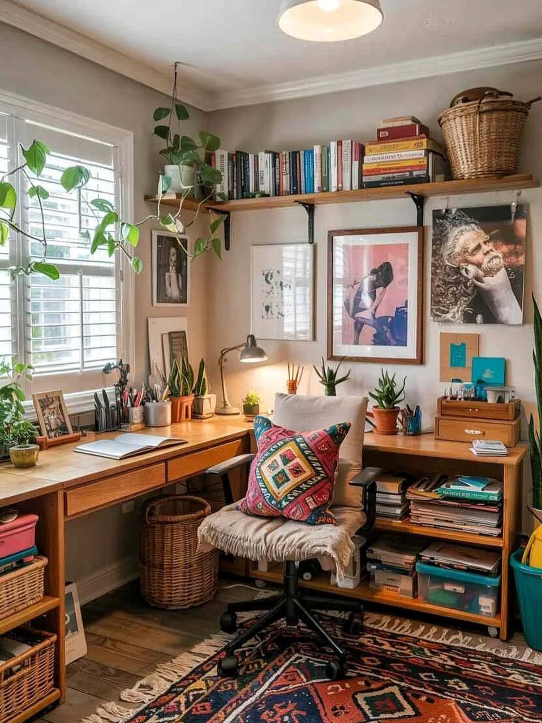 Home office workspace featuring various green potted plants on a wooden desk and shelf.