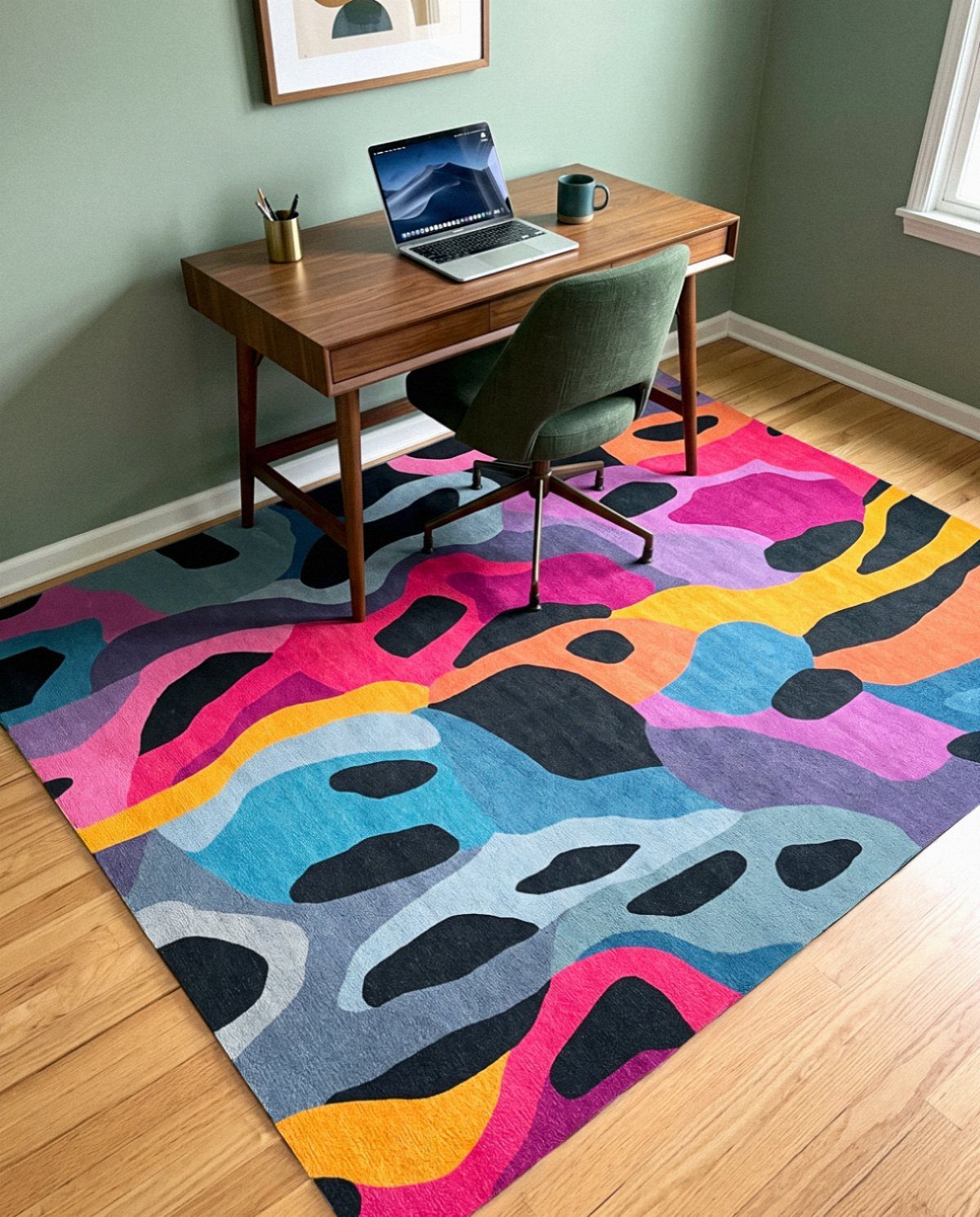 Colorful abstract rug under a wooden desk and green chair in an office.