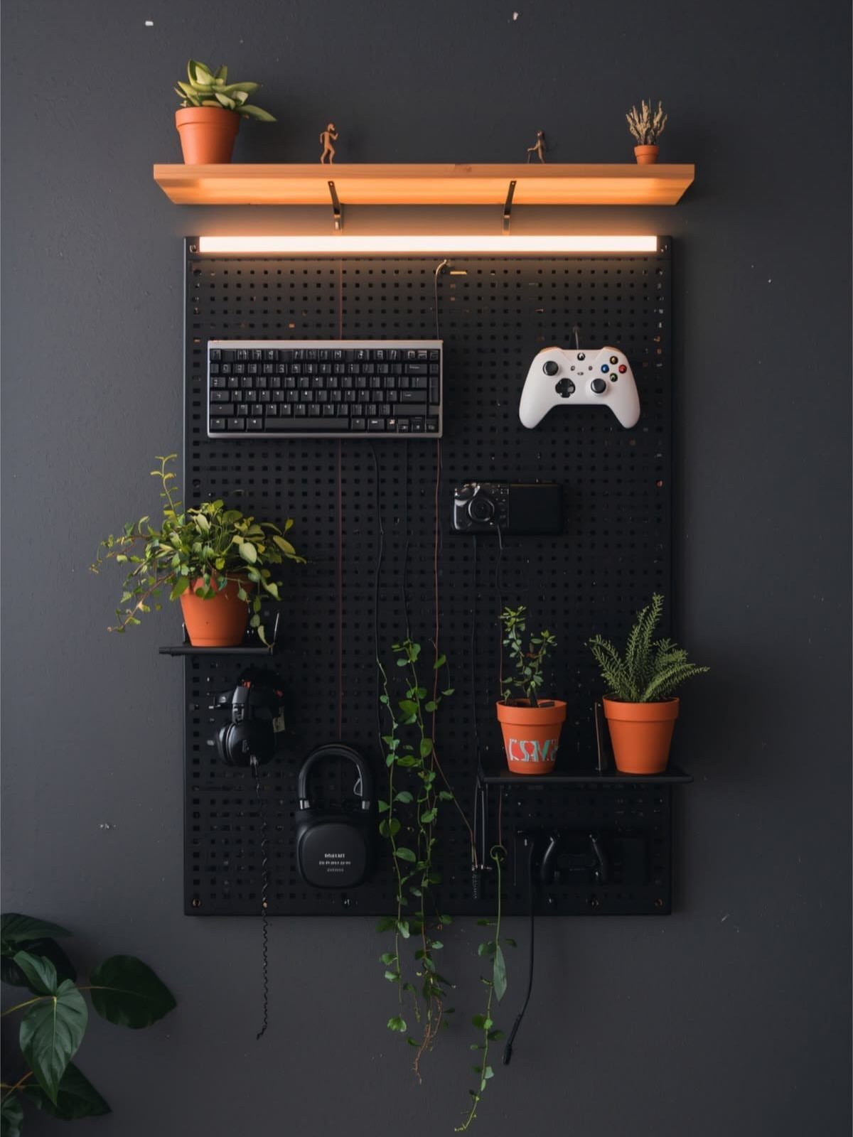 Black pegboard gaming setup with keyboard, white controller, and potted plants on dark wall