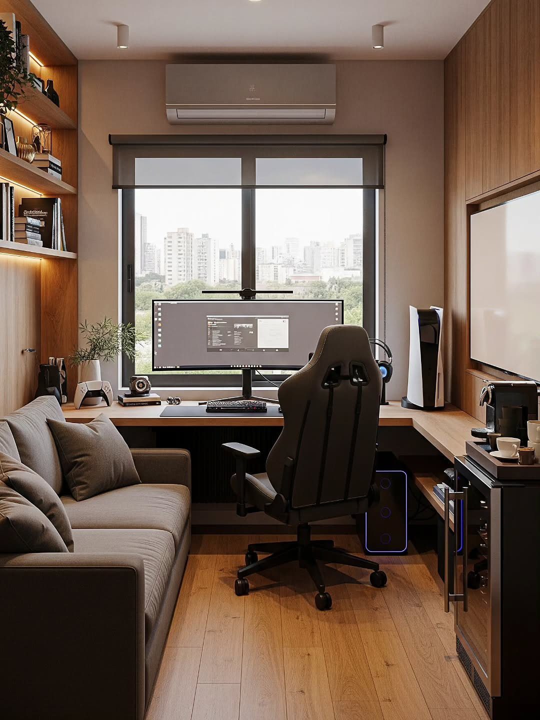 Wooden desk with a computer monitor placed in front of a large window.